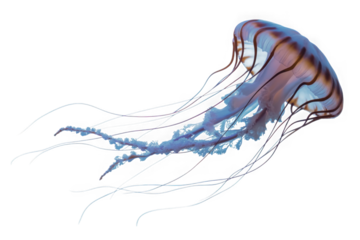 Graceful blue and brown jellyfish with long tentacles swimming isolated on transparent background