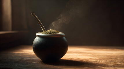 Warm Brew of Yerba Mate: A traditional ceramic gourd filled with steaming yerba mate tea sits invitingly on a wooden surface, offering a comforting and rich moment in solitude.