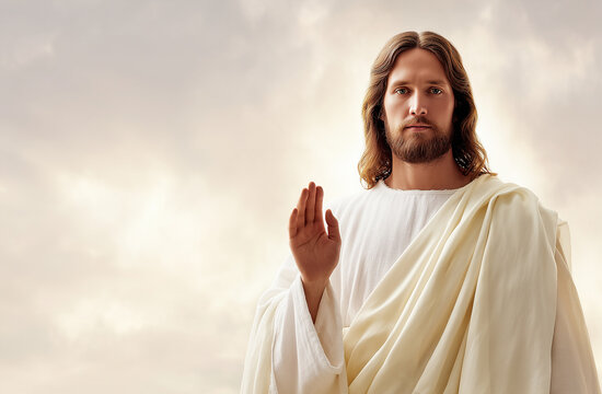 A figure in white robe gestures blessing with raised hand against radiant sky, expressing peace, guidance, and a message of hope and divine protection
