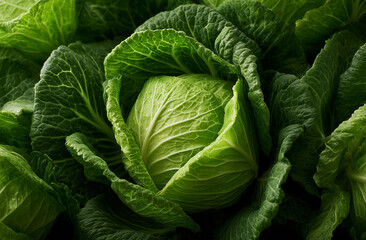 Obraz premium Farm-fresh cabbage head surrounded by lush leaves, capturing vibrant color, textured veining, and drops of dew for a sense of natural life and healthy harvest