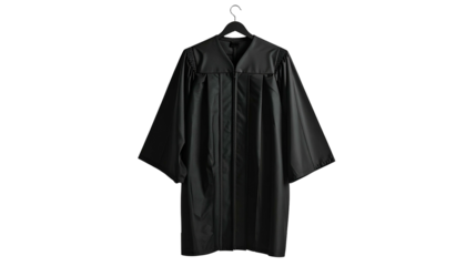 A formal black graduation gown, hanging on a black hanger, isolated on a black background