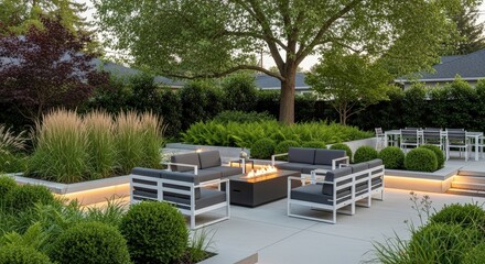 Modern Outdoor Lounge Area With Fire Pit And Contemporary Furniture Evening Ambiance