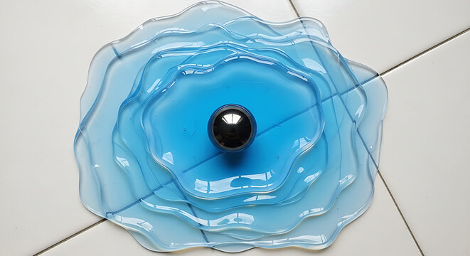 A metallic sphere at the center of a blue translucent object shaped like water ripples. Modern abstract art and design concept. Top view on a white tiled background - Powered by Adobe