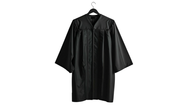 A formal black graduation gown, hanging on a black hanger, isolated on a black background