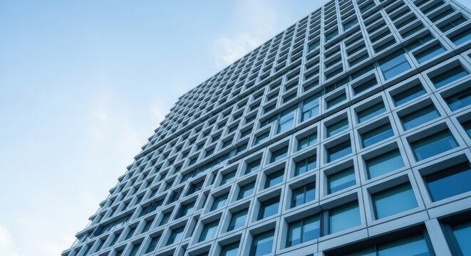 Modern Skyscraper Architecture With Geometric Facade And Glass Windows Against A Blue Sky