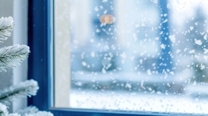 Gentle snowfall outside a window, with a frosted Christmas tree branch partially visible indoors, creating a serene winter scene.
