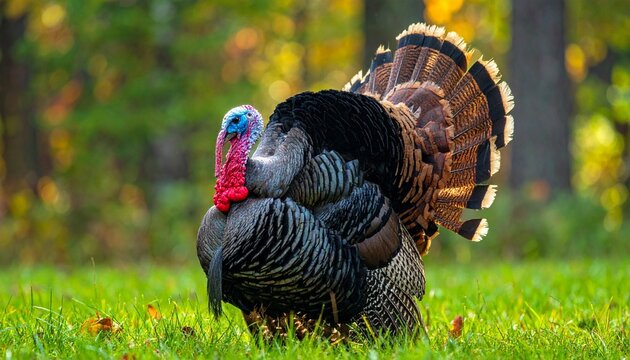 A wild turkey standing in autumn grass with fanned tail feathers, symbol of nature and tradition, editorial style with vibrant wildlife energy.