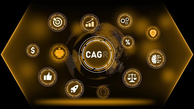 Compound Annual Growth Rate Metrics with Business Icons and Globe Keywords: CAGR, compound annual growth rate, growth, business, finance, metrics, data, analytics, chart, graph, target, goal