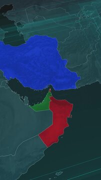 Vertical portrait, zoom in to the map of Strait of Hormuz with text, textless.