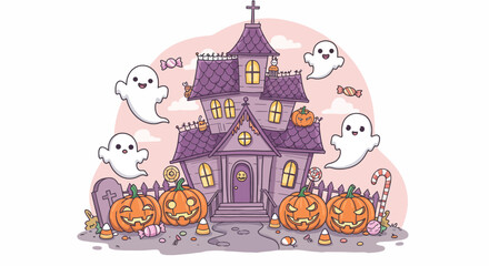 Cartoon Haunted House with Cheerful Ghosts and Pumpkins &ndash; Whimsical Halloween Illustration