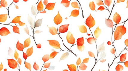 Watercolor autumn leaves seamless pattern with orange red yellow and beige delicate foliage and branches on white background