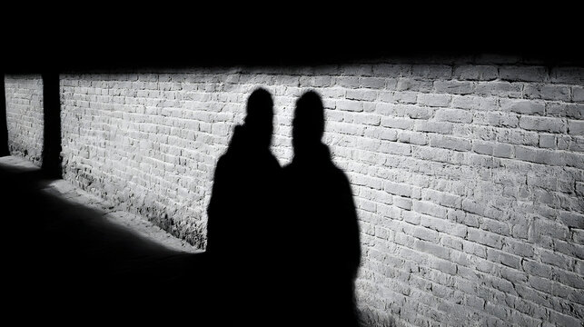 Mysterious Shadows: A black and white photograph captures the enigmatic silhouettes of two figures, their shadows cast upon a textured brick wall, igniting a sense of intrigue.