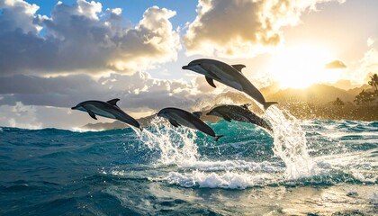 Two dolphins leaping from ocean waves at sunset, symbol of freedom and marine beauty, editorial style with dynamic aquatic energy.