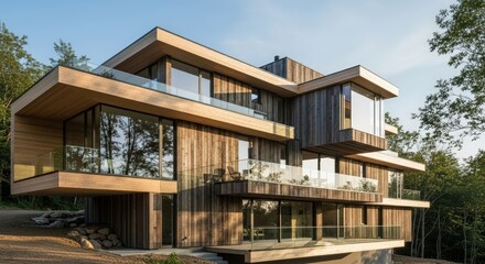 Obraz premium Modern Wooden House With Large Glass Windows Surrounded By Green Trees Under Clear Blue Sky