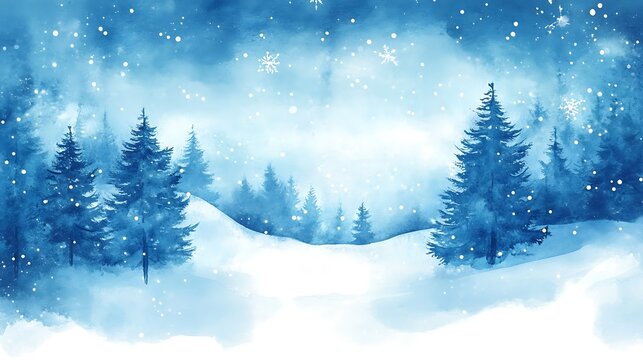 Watercolor winter forest landscape with snowfall and evergreen trees in shades of blue