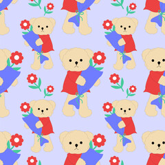 Cute Teddy Bear with Flower Bouquet Seamless Pattern, Pastel Lilac Romantic Gift Design