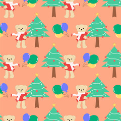 Cute Teddy Bear Christmas Tree and Balloon Seamless Pattern, Festive Holiday Celebration Design