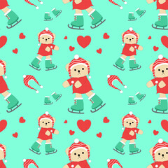 Cute Ice Skating Teddy Bear Seamless Pattern, Festive Winter Holiday Design
