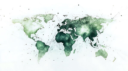 Watercolor world map depicting global network connections emphasizing interconnectivity and technology with muted green hues