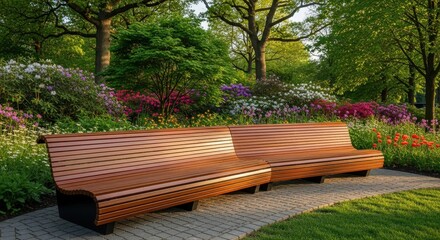Modern Wooden Park Bench In Lush Botanical Garden With Colorful Blooming Flowers In Golden Hour Sunlight
