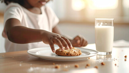 Cookie and Milk Delight: An adorable child is reaching out for a freshly baked cookie on a plate, paired perfectly with a glass of fresh milk.