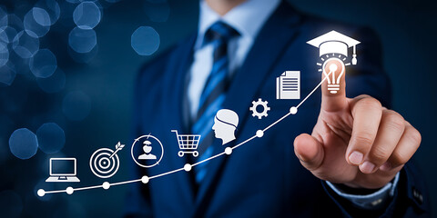 Businessman interacting with a digital interface showing growth and education icons