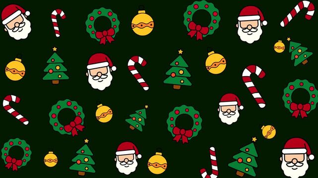 Christmas pattern background with Santa, trees, wreaths, candy canes, and ornaments, ideal for holiday designs, greeting cards, social media, and festive marketing.