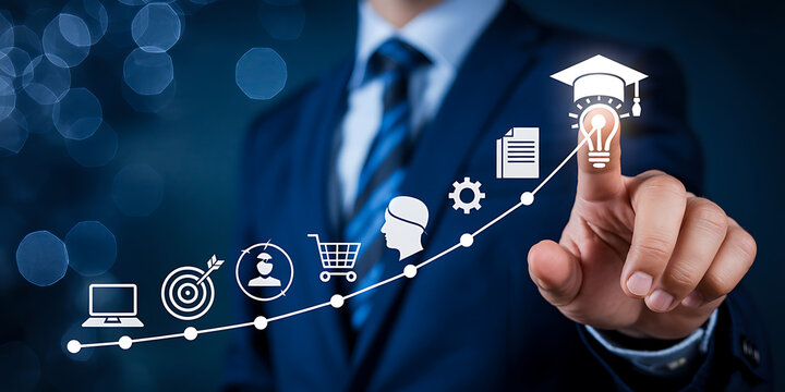 Businessman interacting with a digital interface showing growth and education icons