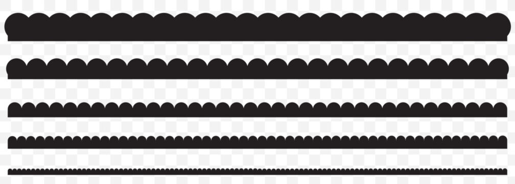 Vector set of black scalloped border divider and ornament edge isolated on Transparent background. Scalloped edge borders and dividers. EPS 10.