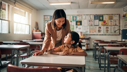 Teacher Woman Smiling Helping Girl Student Sitting at Desk in Classroom