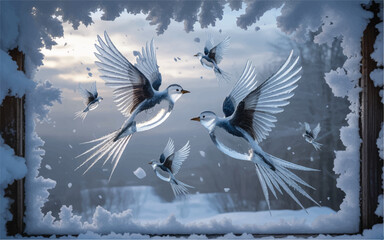 A Winter Dream Where Birds Turn to Crystals Mid-Flight Beneath a Sky of Snow and Silence.