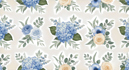 Floral Elegance: A beautiful array of blossoms, featuring blue hydrangeas and complementary roses, meticulously arranged to create a seamless floral design.