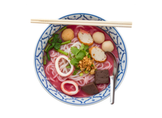 White noodles served with a red soup, typical of Thai cuisine (Yen-ta-for). This includes a clipping path.
