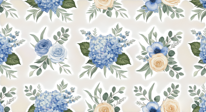 Floral Elegance: A beautiful array of blossoms, featuring blue hydrangeas and complementary roses, meticulously arranged to create a seamless floral design.