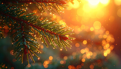 Fototapeta premium Golden-Hued Spruce with Bokeh: A close-up view of a spruce branch glistens with droplets against a backdrop of golden bokeh, capturing the serene and festive mood.