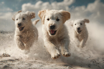 Joyful Furry Friends: Puppes Romping and Frolicking n Playful Harmony, Spreadig Happiness and Laughter wth Their Adorable Antics ad Boundless Energy