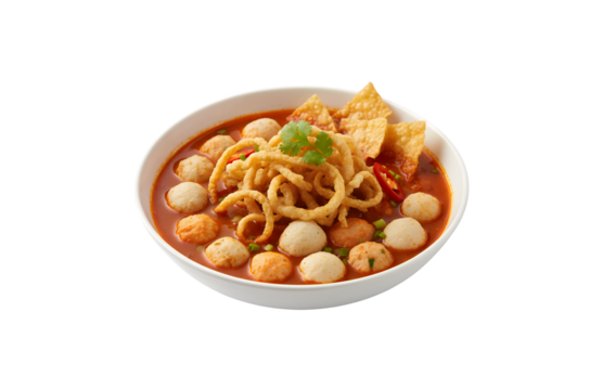 A variety of seafood balls in a red sauce soup, topped with crispy dried fish skin and crunchy fried dumpling paste in a white bowl.

