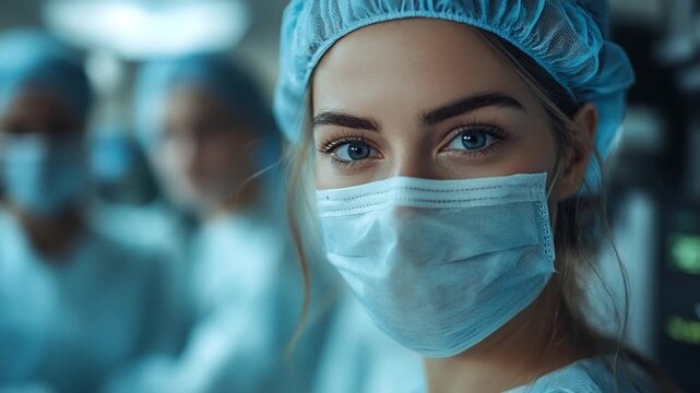Focused Resilience: A close-up portrait of a healthcare professional in a surgical setting, conveying determination and expertise, showcasing the dedication of medical professionals.