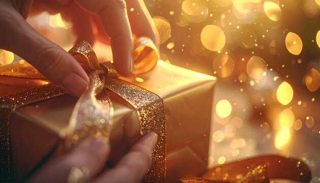 Golden Gift of Festive Wonder: A tender touch gently adorns a shimmering golden gift box, its ribbon tied with care amidst a backdrop of blurred, radiant lights.