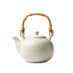 Home Tea Preparation Ceramic Teapot with Bamboo Handle Isolated
