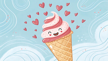 Cute ice cream with hearts on blue background. Vector illustration.