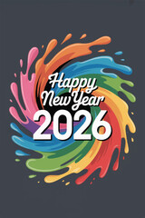 HAPPY NEW YEAR 2026’ surrounded by a vibrant explosion of rainbow paint, symbolizing joy, creativity, and the colorful possibilities of the year ahead.
