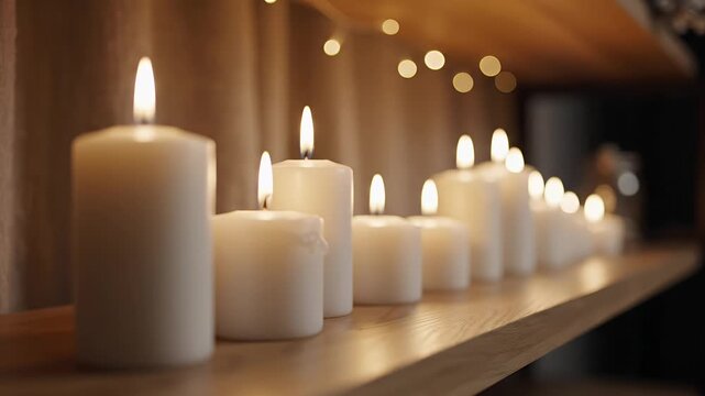 Serene Row of Lit White Candles on a Wooden Shelf Casting a Warm Glow with Soft Bokeh Lights in the Background Perfect for Ambiance Relaxation and Festive Decor