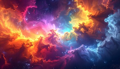 A vibrant cosmic scene featuring swirling nebulae and celestial bodies awash in brilliant, contrasting colors of orange, purple, and blue