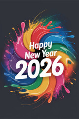 HAPPY NEW YEAR 2026’ surrounded by a vibrant explosion of rainbow paint, symbolizing joy, creativity, and the colorful possibilities of the year ahead.