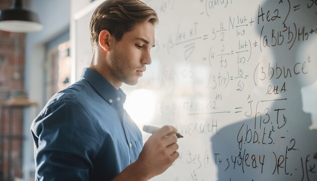 Young Male Student Solving Mathematical Equations on Whiteboard in Classroom