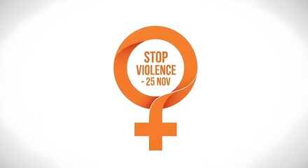 Orange female symbol with stop violence text on white background