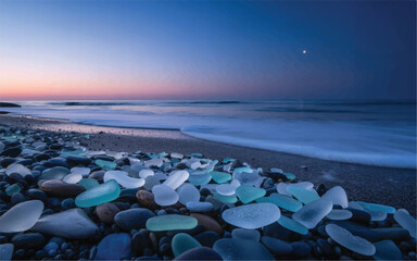 Sea Glass Jewels Scattered on Silent Sand, Reflecting the Last Light Beneath a Star-Kissed Evening Sky. 
