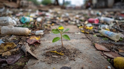 Small yellow flower amidst trash