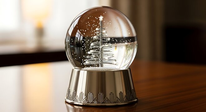 Closeup of a snow globe with a christmas tree on a wooden table